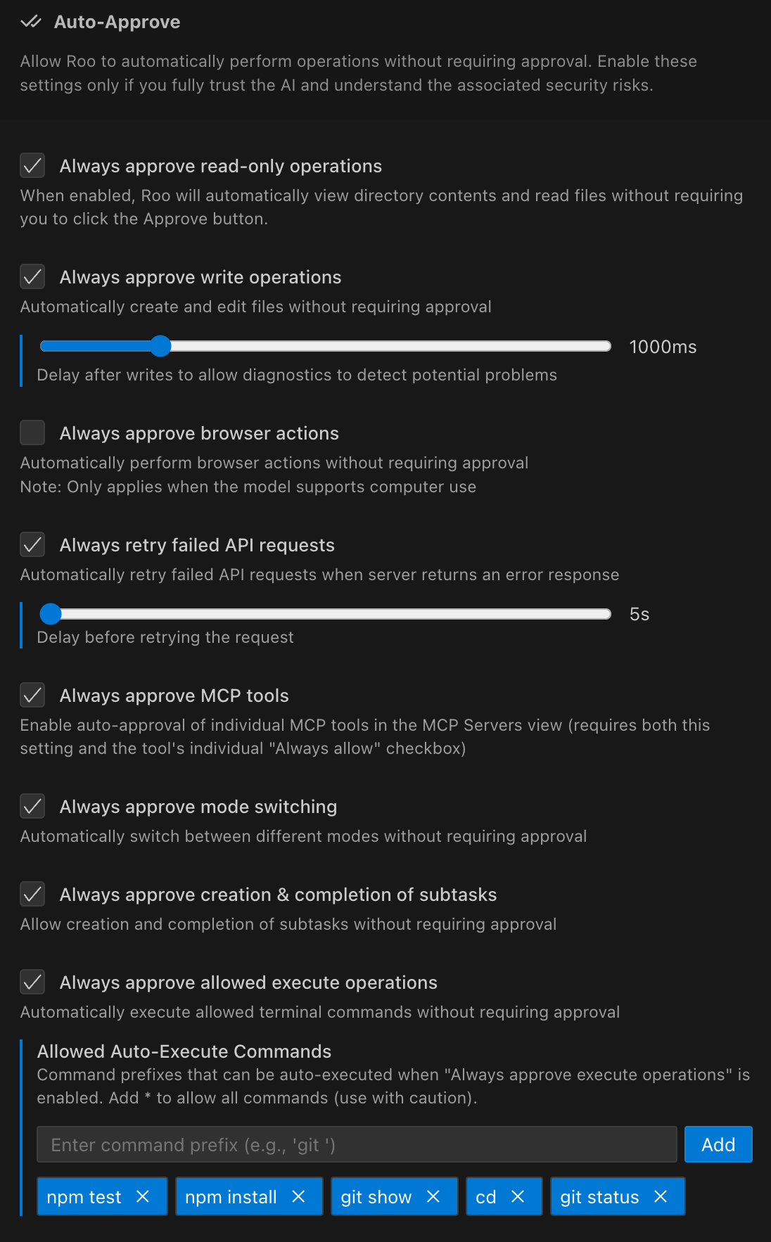 Settings panel auto-approve options