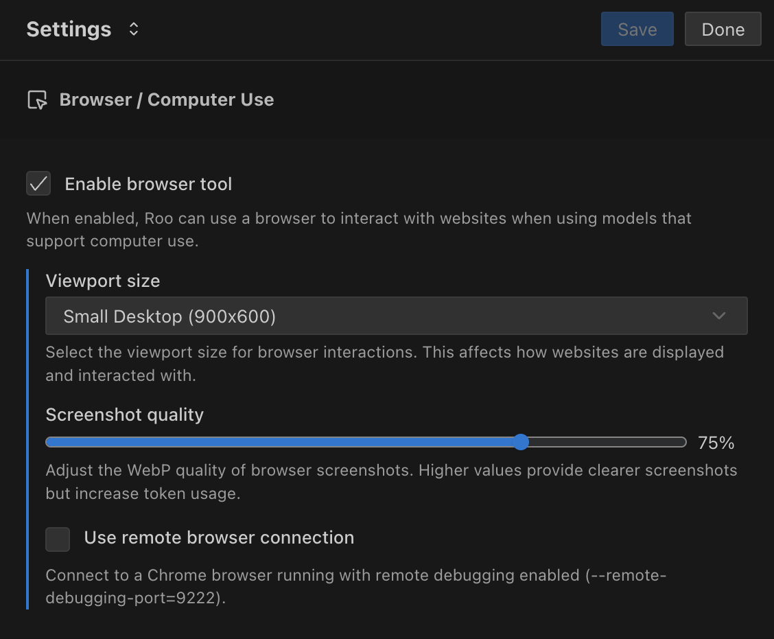 Browser settings menu