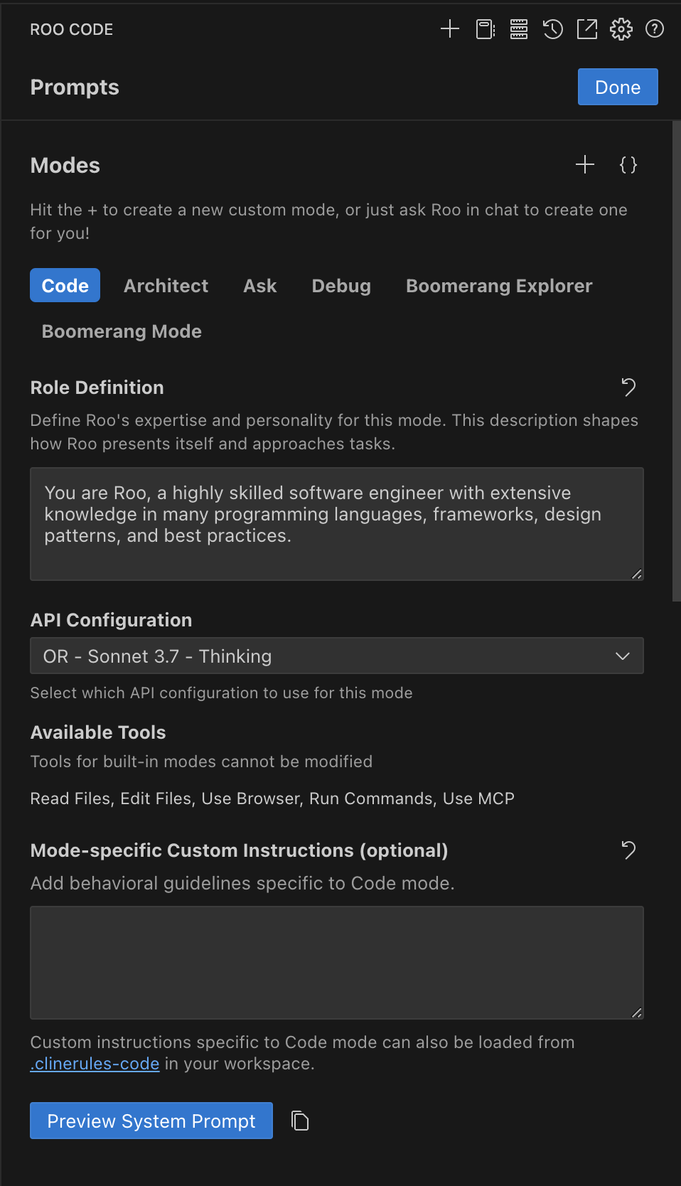 Overview of custom modes interface