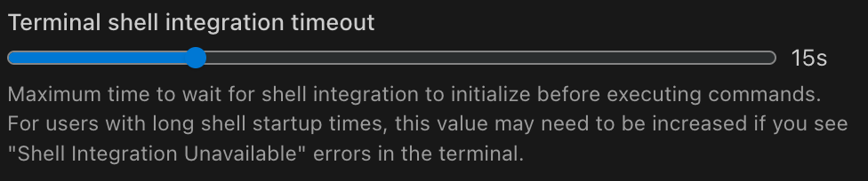 Terminal shell integration timeout slider set to 15s