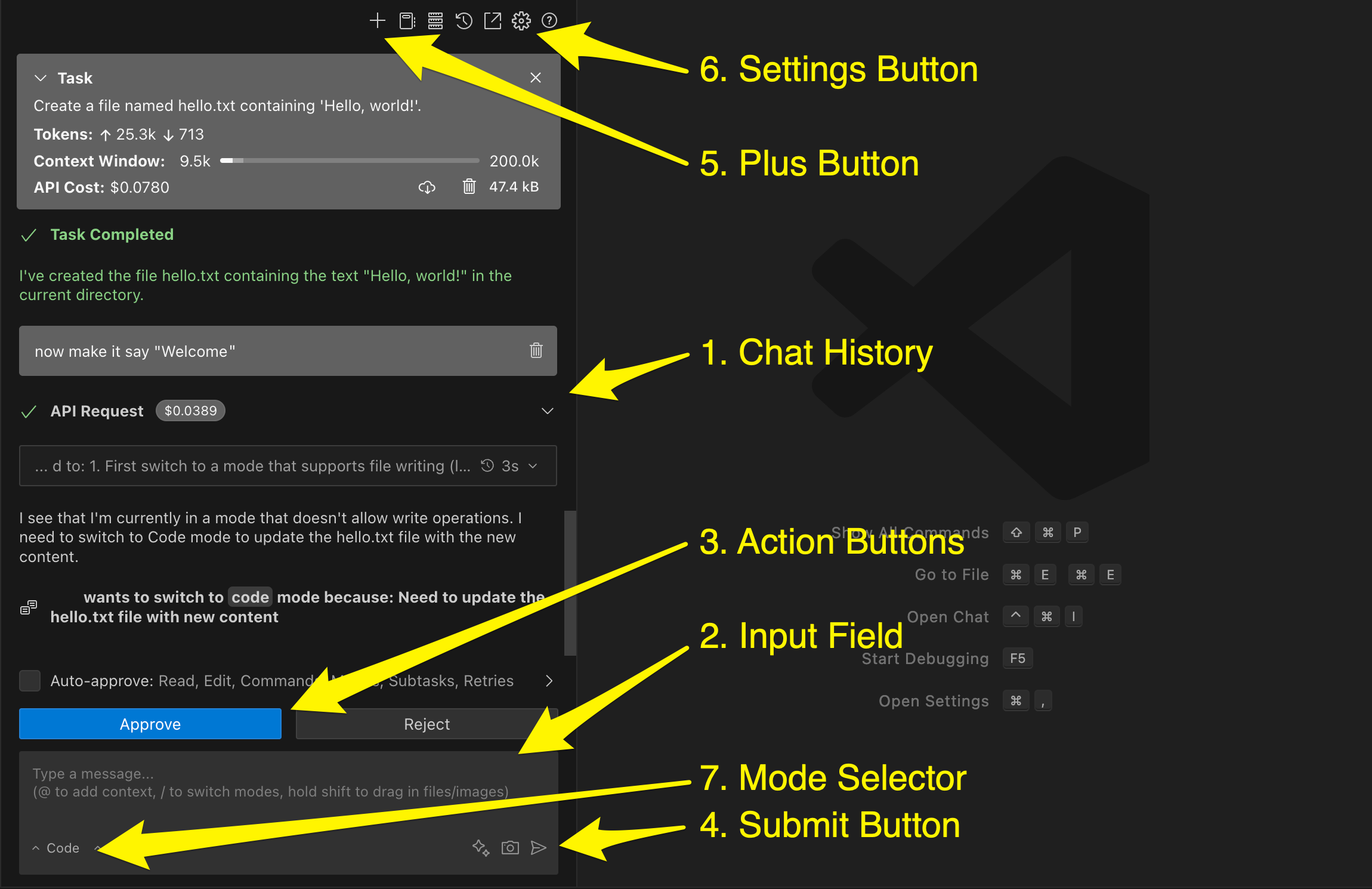 Chat interface components labeled with numbered callouts